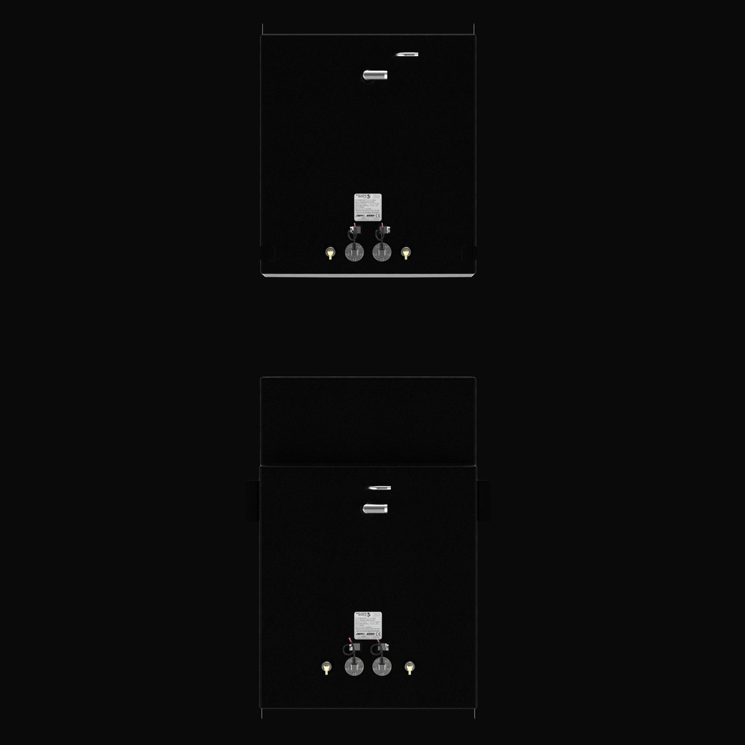 A top-down bird's-eye perspective view of a pair of black Blackfin 29 OEM replacement marine fuel tanks from file image_a70577.jpg, isolated against a black background. This vertical overview clearly layouts the symmetrical top-deck layout for both the port and starboard configurations, showcasing the specialized plumbing hardware engineered by Welding World. Precision-fabricated from heavy-gauge marine-grade 5052-H32 aluminum, the structural 162-gallon capacity fuel cells are completely encapsulated in a t