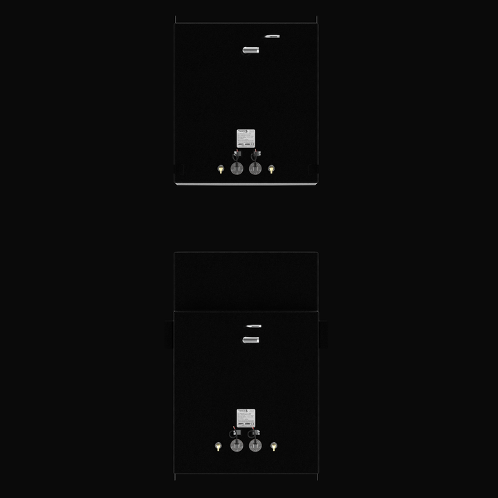 A top-down bird's-eye perspective view of a pair of black Blackfin 29 OEM replacement marine fuel tanks from file image_a70577.jpg, isolated against a black background. This vertical overview clearly layouts the symmetrical top-deck layout for both the port and starboard configurations, showcasing the specialized plumbing hardware engineered by Welding World. Precision-fabricated from heavy-gauge marine-grade 5052-H32 aluminum, the structural 162-gallon capacity fuel cells are completely encapsulated in a t