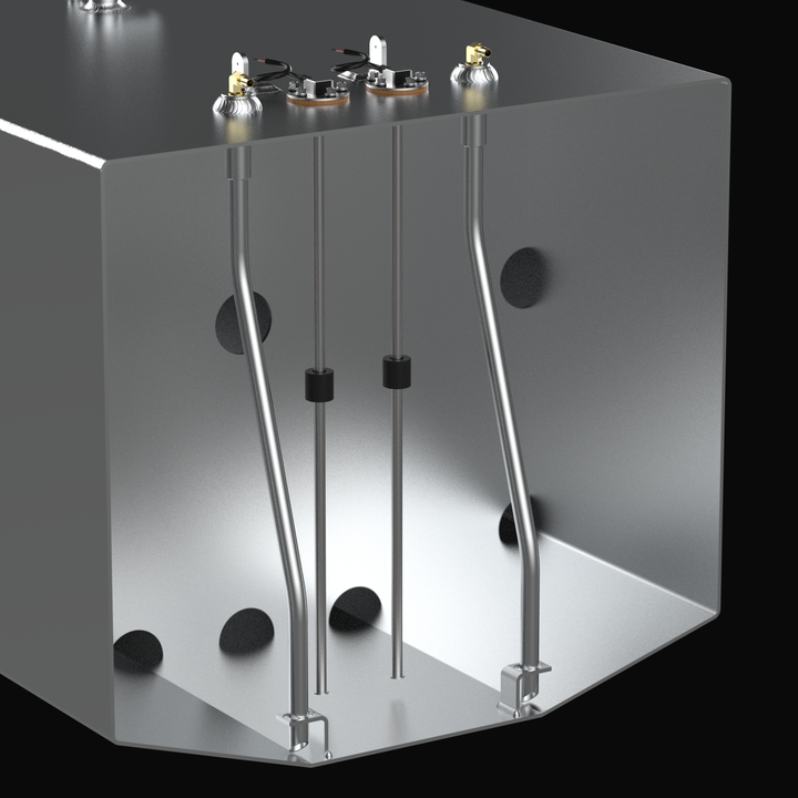 A close-up internal cutaway technical rendering of the dual fuel pickup assemblies, dual electronic sending units, and internal baffling inside a raw aluminum Blackfin 29 OEM replacement marine fuel tank from file image_a865ba.jpg, isolated against a black background. This detailed cross-sectional view showcases the high-performance engineering by Welding World to prevent fuel starvation under aggressive offshore conditions, revealing two rigid aluminum fuel pickup tubes running from top-deck brass 90-degre