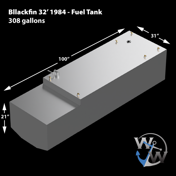 An isometric view of a fuel tank for a 1984 Blackfin 32', displaying specifications with a capacity of 308 gallons and dimensions of 100 inches long, 31 inches wide, and 21 inches high. The tank features several ports on top and a logo in the corner, presented against a black background
