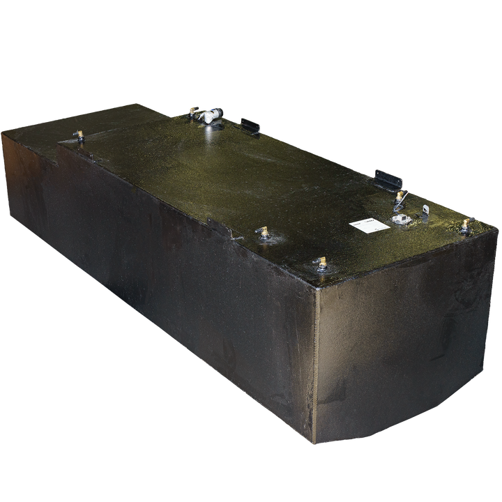 An angled view of a large rectangular black fuel tank, featuring a smooth surface with multiple ports and fittings on top. The tank has a sturdy design with visible attachment points and is set against a transparent checkered background.