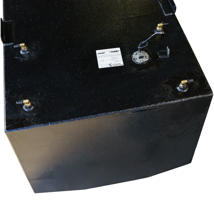 A top view of a black fuel tank, displaying multiple brass fittings and a manufacturer's label. The image features visible connectors and wiring, set against a transparent checkered background