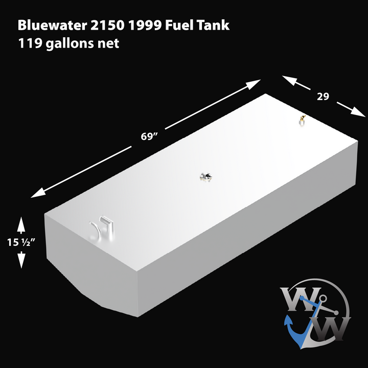 A 3D rendered image of a rectangular fuel tank labeled "Bluewater 2150 1999 Fuel Tank 119 gallons net." The tank is white with several fittings on the top surface. Dimensions are indicated with white arrows and text: 69 inches in length, 29 inches in width, and 15 1/2 inches in height. The background is black, and the bottom right corner features a logo with the letters "WW."