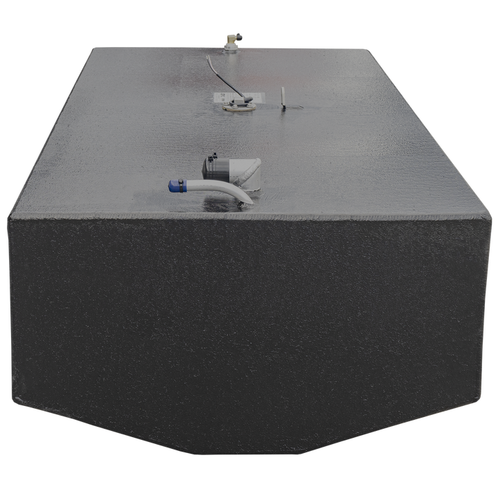 A rectangular black fuel tank with a textured surface, viewed from the front with a slight angle showing the top. The tank has three fittings visible on the top: a white capped vent pipe with a blue band on the left, a central circular access hatch with a wire and a white lever, and a small capped fitting on the right. The background is transparent (checkerboard pattern)