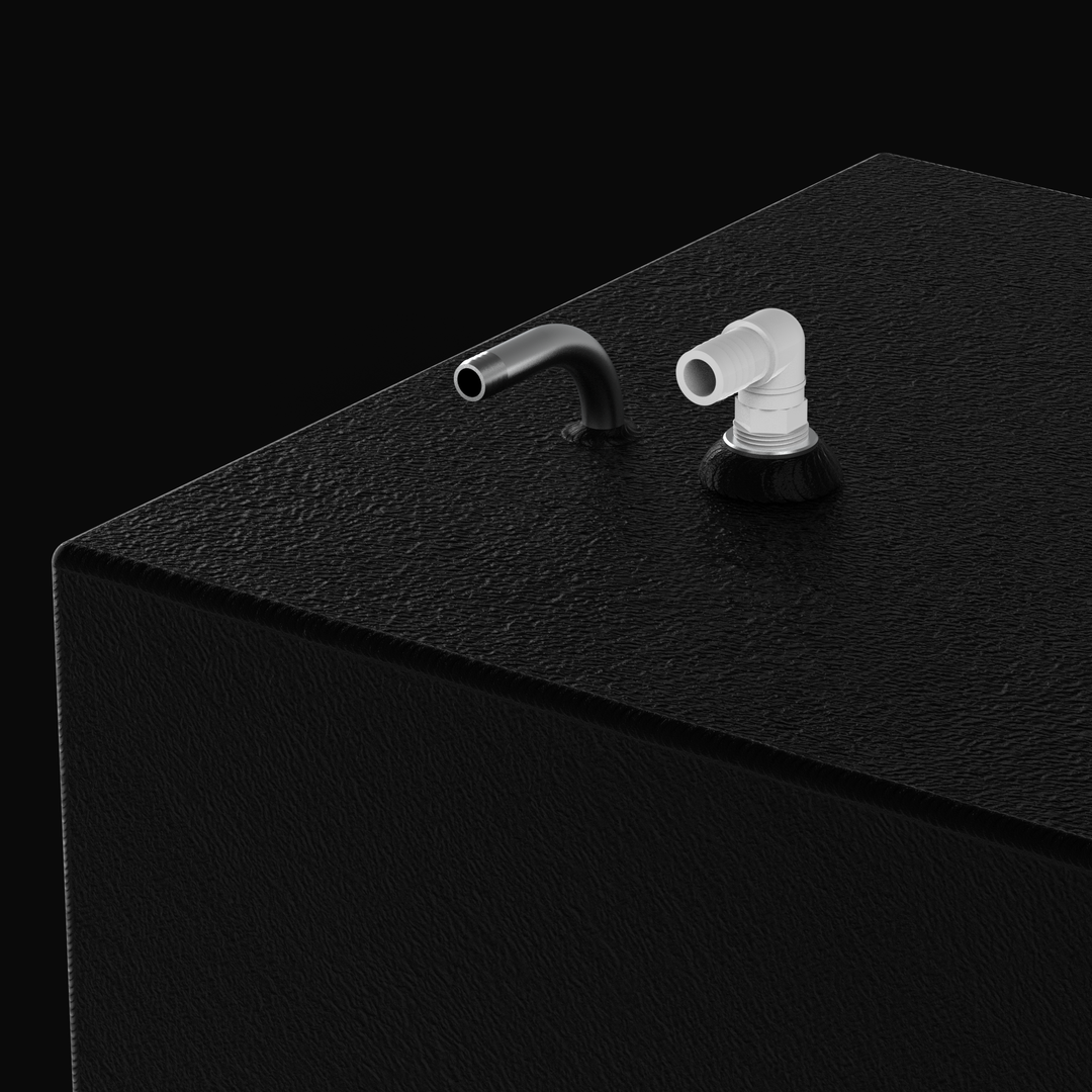 Close-up 3D rendering of the top-mounted plumbing on a 29-gallon BlueWater 23 water tank, featuring a 90-degree reinforced nylon hose barb and a stainless steel vent tube on a textured coal-tar epoxy finish.