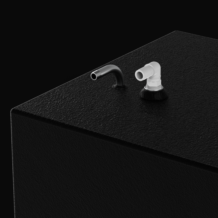 Close-up 3D rendering of the top-mounted plumbing on a 29-gallon BlueWater 23 water tank, featuring a 90-degree reinforced nylon hose barb and a stainless steel vent tube on a textured coal-tar epoxy finish.