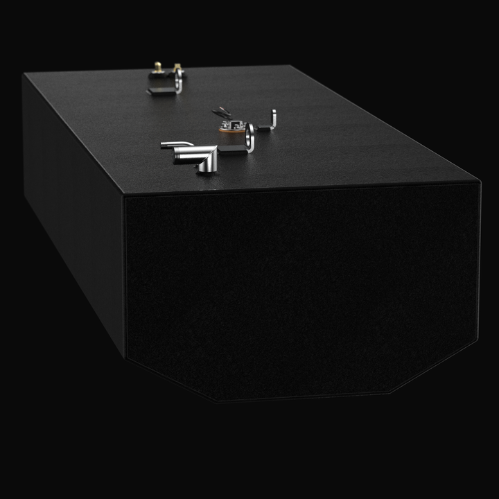 Rear-perspective 3D rendering of a 128-gallon BlueWater 2350 Sport replacement fuel tank, showcasing the tapered hull-fit geometry, stainless steel fill ports, and integrated lifting eyes on a coal-tar epoxy finished surface.