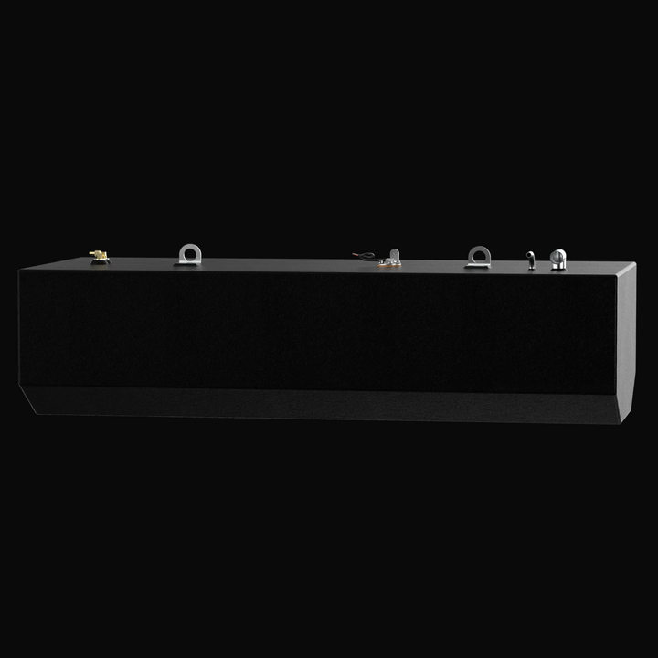 Side-profile 3D rendering of a 128-gallon BlueWater 2350 Sport replacement fuel tank, showcasing the full-length tapered hull-fit geometry, dual integrated lifting eyes, and coal-tar epoxy finish on a solid black background.