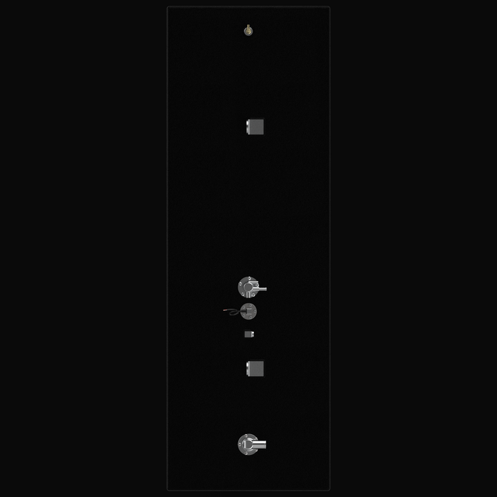 Top-down 3D rendering of a long, matte black marine-grade aluminum fuel tank featuring a row of precision-welded stainless steel fuel fittings, lifting eyes, and a center-mounted KUS sending unit, shown against a solid black background.