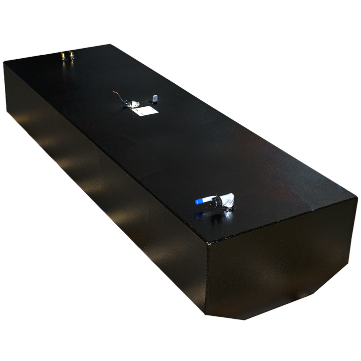 : An angled view of a rectangular black metal belly fuel tank for a Bluewater 2550 1998, with a capacity of 180 gallons. The tank features a smooth surface with metallic fittings and connectors on the top, set against a transparent checkered background