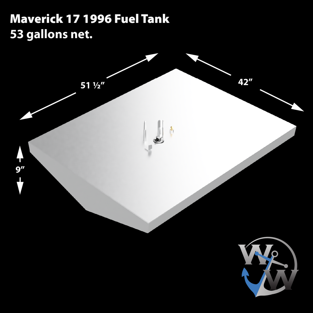 A 3D schematic of the replacement fuel tank for a 1996 Maverick 17, shown against a black background. Text on the image identifies the tank as having a 53-gallon net capacity. Dimension lines detail its tapered shape as 51 ½ inches long, 42 inches wide, and 9 inches high. The silver-colored, V-bottom schematic has a central cluster of fittings on its top surface. The 'WW' anchor logo for Welding World is in the bottom right corner