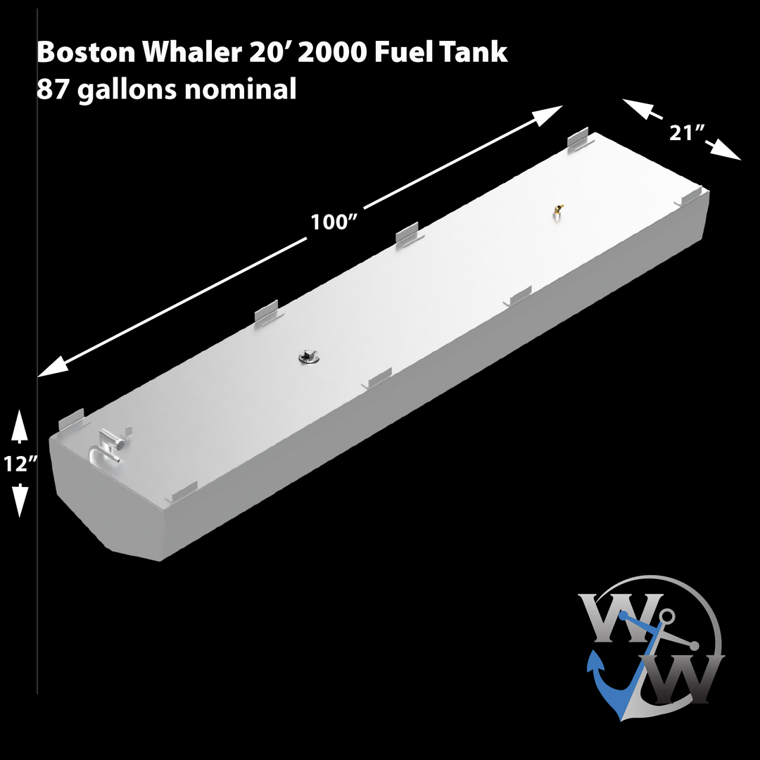 A diagram of a silver, rectangular fuel tank for a Boston Whaler 20' 2000, labeled as '87 gallons nominal'. The dimensions are indicated as 100 inches in length, 21 inches in width, and 12 inches in height. Various fittings and mounting brackets are visible on the top surface