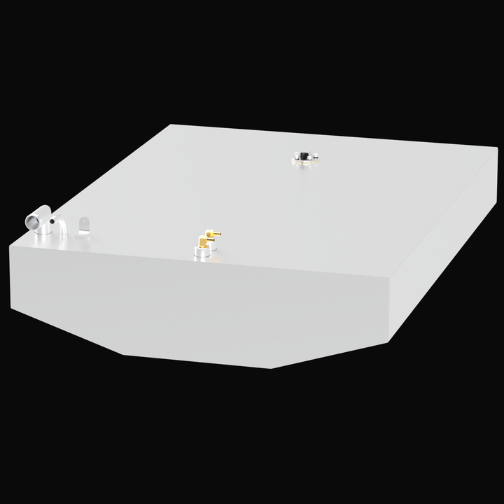 A 3D render of the Boston Whaler Impact 21 60-gallon 1999 Built to OEM Specs fuel tank, showing the wide, light grey, faceted tank with two clusters of silver and brass fittings on its top surface, against a black background.