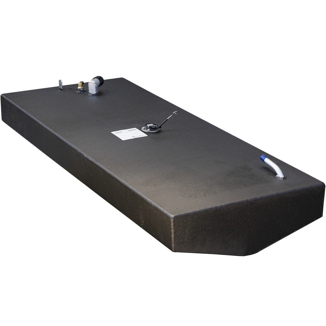 A black, rectangular fuel tank with a textured surface, featuring various fittings on its top. These fittings include a bent pipe, a small metal fitting with a tube and a sensor, and another curved tube with a blue cap