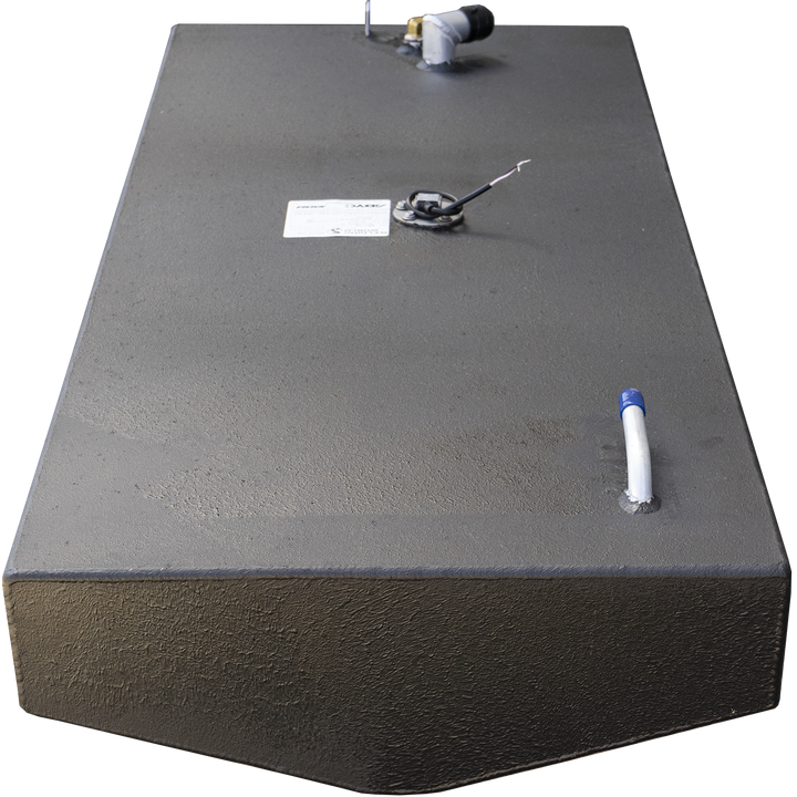  A black, rectangular fuel tank with a textured surface. On its top, there is a white and blue capped vent pipe, a circular sensor with an arm extending from it, and a white elbow joint connected to a hose barb fitting