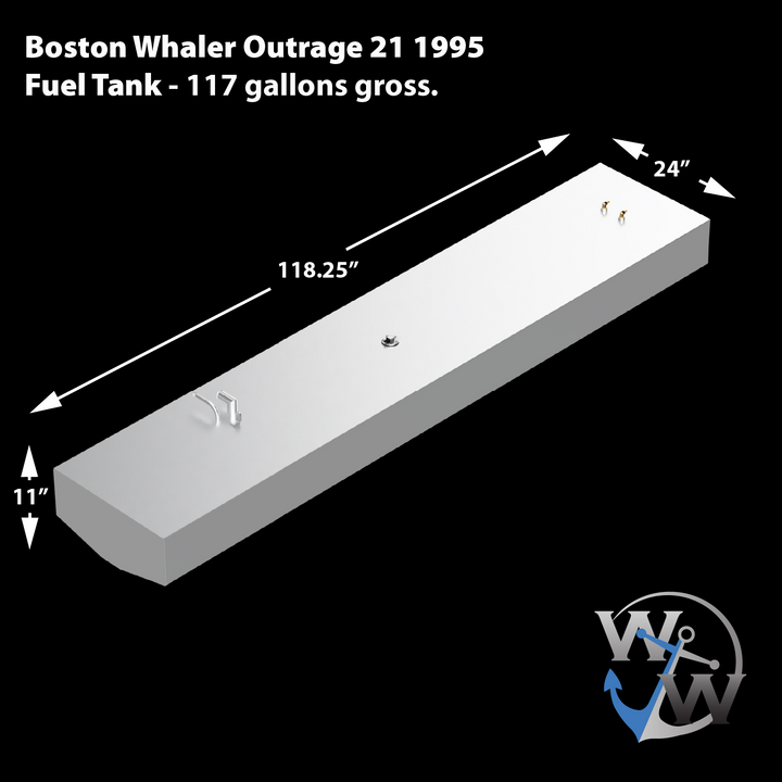Schematic drawing of a 117-gallon gross capacity aluminum belly fuel tank tailored for the 1995 Boston Whaler Outrage 21' center console. The tank is dimensioned at 118.25″ (L) × 24″ (W) × 11″ (H) and shown in a 3D perspective view with clearly marked fittings and top-mounted hardware. Its streamlined rectangular profile is suited for underdeck installation, aiding weight balance and OEM-cavity fit. A “Whaler Wear” logo in the bottom right corner affirms the tank’s design origin and authenticity