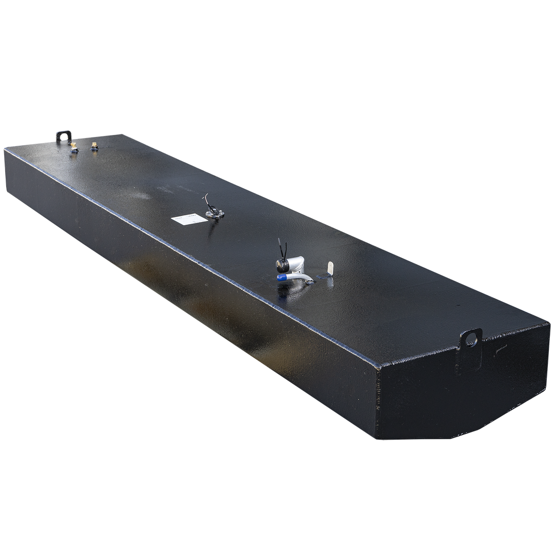117-gallon gross capacity aluminum belly fuel tank designed for the 1995 Boston Whaler Outrage 21' center console. The tank features a matte black finish with a flat top surface, front-positioned blue-handled capped shutoff valve, a centrally mounted cylindrical sensor unit with attached wiring, and a rear-mounted dual brass return fitting. A white compliance label confirms .190″ 5052-H32 marine-grade aluminum construction, 9 psi test pressure rating under 33 CFR § 183.510(a), and adherence to ABYC and NMMA