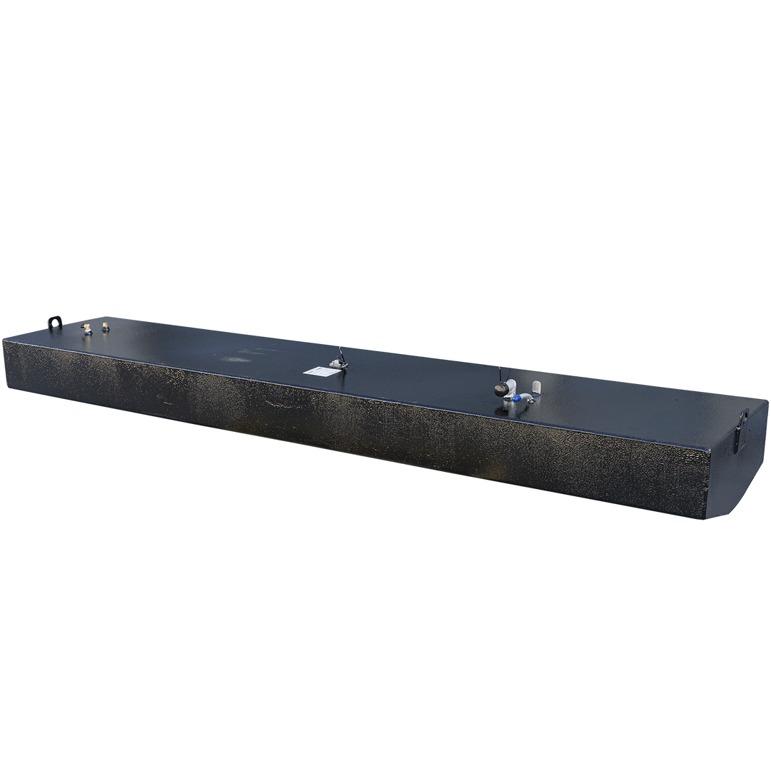 117-gallon gross capacity aluminum belly fuel tank designed for the 1995 Boston Whaler Outrage 21' center console. The tank is rendered with a matte black finish, rectangular layout, and isolated transparent background for visual clarity. Key top-side components include a capped blue-handled shutoff valve near the forward edge, a centrally mounted cylindrical sensor unit with black harness wiring, and a rear dual brass return fitting. The layout supports factory-aligned underdeck installation