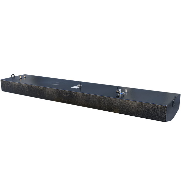117-gallon gross capacity aluminum belly fuel tank designed for the 1995 Boston Whaler Outrage 21' center console. The tank is rendered with a matte black finish, rectangular layout, and isolated transparent background for visual clarity. Key top-side components include a capped blue-handled shutoff valve near the forward edge, a centrally mounted cylindrical sensor unit with black harness wiring, and a rear dual brass return fitting. The layout supports factory-aligned underdeck installation