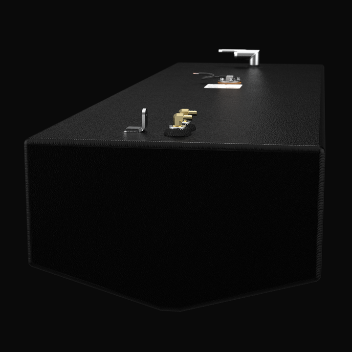 Isometric perspective of a 1998 Boston Whaler Outrage 22 replacement fuel tank. This high-conversion image showcases the rugged .190 aluminum construction and the specialized Coal Tar Epoxy finish. The view highlights the precision-welded mounting tabs and integrated component ports, demonstrating a direct-fit OEM design that ensures full ABYC, USCG, and NMMA compliance for offshore use.