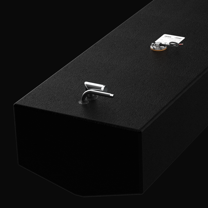 Isometric perspective of a 1998 Boston Whaler Outrage 22 replacement fuel tank. This high-conversion image showcases the rugged .190 aluminum construction and the specialized Coal Tar Epoxy finish. The view highlights the precision-welded mounting tabs and integrated component ports, demonstrating a direct-fit OEM design that ensures full ABYC, USCG, and NMMA compliance for offshore use.