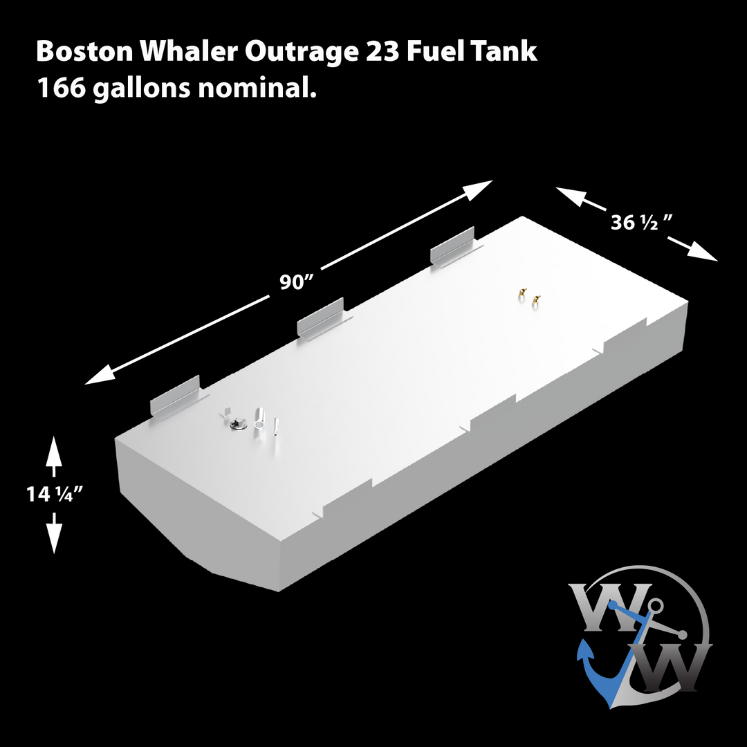 3D model of a Boston Whaler Outrage 23 fuel tank with a nominal capacity of 166 gallons. The tank dimensions are 90 inches long, 36 1/2 inches wide, and 14 1/4 inches high. The tank is shown in white with fittings and brackets on the top surface, displayed at an angled perspective against a black background. The Welding World logo is visible in the lower right corner