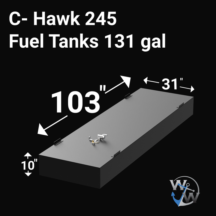 Isometric top-front view of a C-Hawk 245 fuel tank with labeled dimensions: 103 inches in length, 31 inches in width, and 10 inches in height. The tank is black with metal mounting tabs and a central fuel fitting assembly on top. Text at the top reads “C-Hawk 245 Fuel Tanks 131 gal,” and the Welding World logo appears in the bottom-right corner.