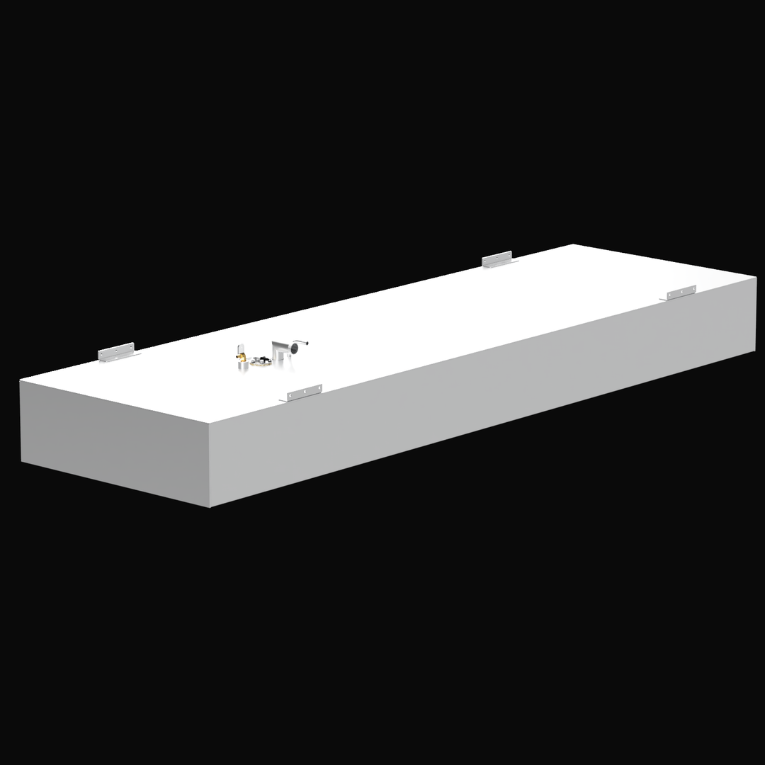 Isometric top-front view of a white rectangular marine fuel tank with six mounting tabs along the sides and a top-mounted fitting assembly that includes metal connectors and a brass valve. The tank has a clean finish and industrial design suitable for marine applications.
