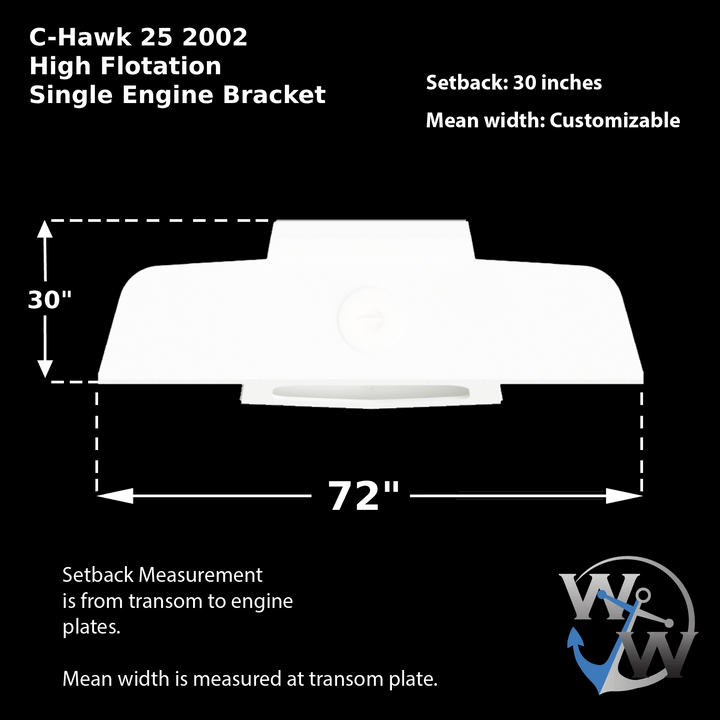 Diagram of a C-Hawk 25 2002 High Flotation Single Engine Bracket, featuring a setback of 30 inches and a customizable mean width. The bracket measures 72 inches in total width, with setback measurement taken from transom to engine plates