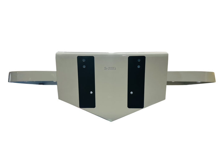 Rectangular metal component with black straps on a white background
