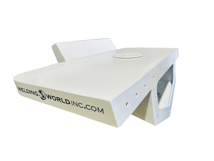 White welding helmet with 'Welding World Inc' branding on a white background