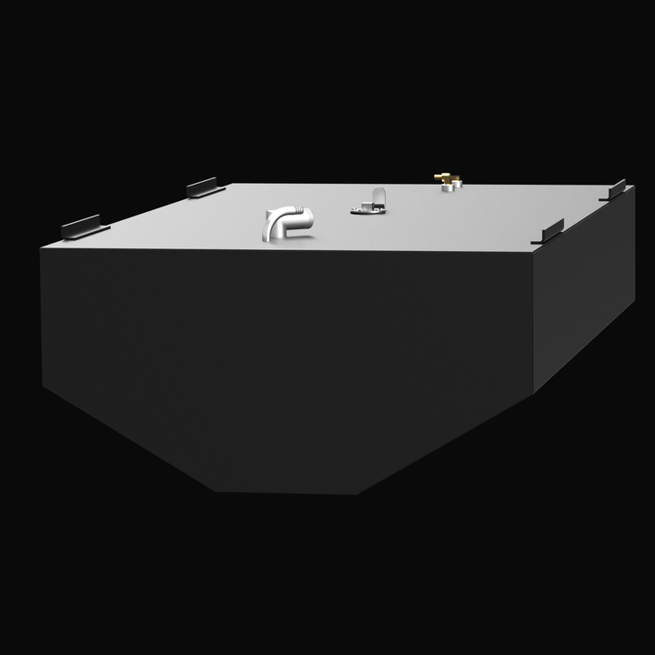 3D rendered image showing a large rectangular Built to OEM Specs fuel tank with a dark gray body and a light gray top. The top surface features several fittings and mounting brackets. The front face is angled on the bottom edge, and there are mounting tabs on the sides. The background is black