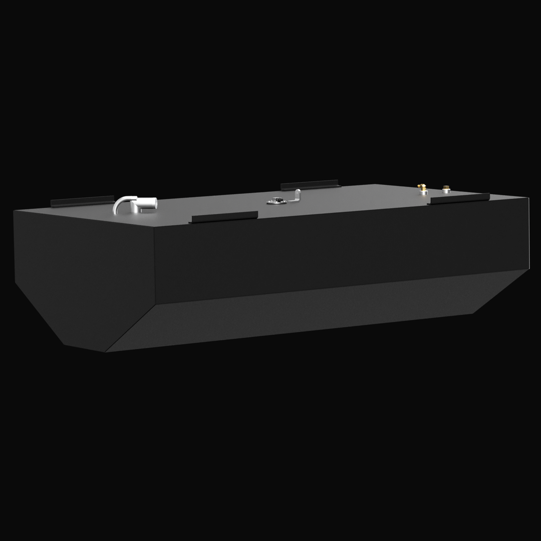 3D rendered image of an Built to OEM Specs fuel tank. The tank is dark gray with a light gray top surface featuring fittings and mounting brackets. The bottom front edge of the tank is angled. The background is black.
