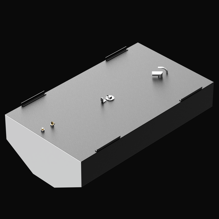 3D rendered image of a rectangular Built to OEM Specs fuel tank with mounting brackets on the sides. The tank surface is gray with fittings and connectors on top. The front bottom edge is beveled. The background is black