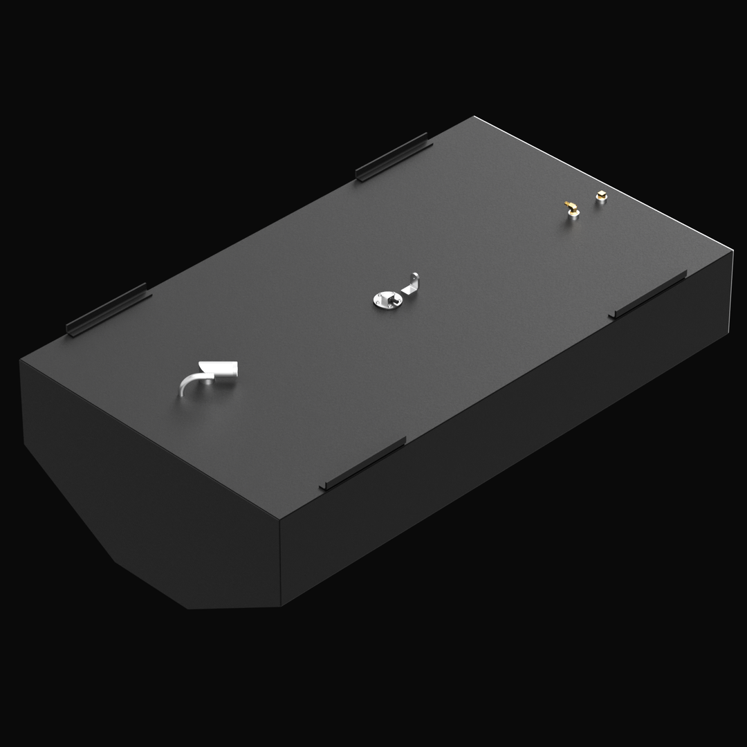3D rendered image showing a single rectangular Built to OEM Specs fuel tank for a Caravelle 23 2003 boat. The tank is black with mounting brackets, fittings, and fuel connections visible on the top surface. The tank has a cutout on one corner and is set against a black background