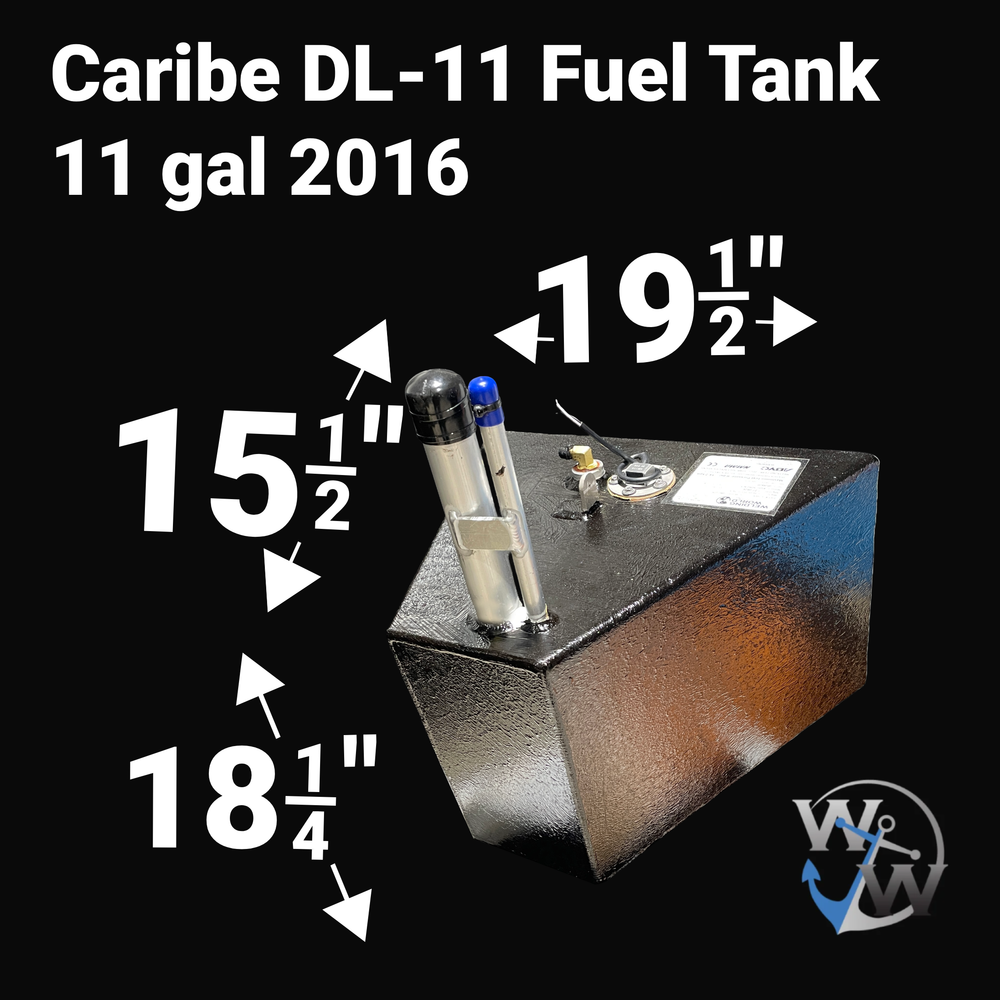 A high-angle studio product graphic diagram of a physical, finished black encapsulated Caribe DL-11 OEM replacement marine fuel tank (11 gal 2016) from file image_acea5f.jpg, isolated against a black background. Bold white text overlays detail the exact physical dimensions for the 2016 Caribe DL-11 tender model, specifying an 11-gallon capacity, a length of 19.5 inches, a width of 15.5 inches, and a height of 18.25 inches. Precision-fabricated from heavy-gauge marine-grade 5052-H32 aluminum, the deep-cavity