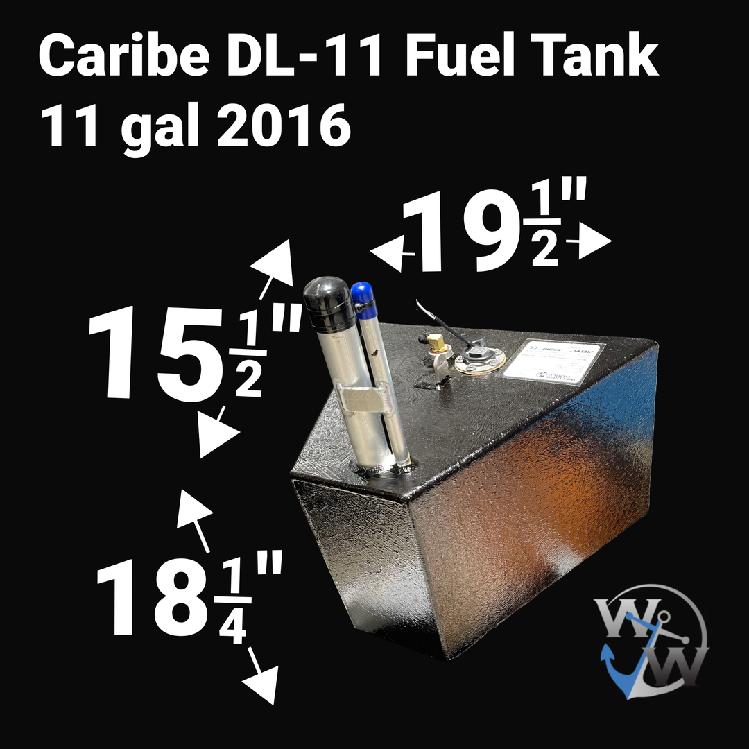 A high-angle studio product graphic diagram of a physical, finished black encapsulated Caribe DL-11 OEM replacement marine fuel tank (11 gal 2016) from file image_acea5f.jpg, isolated against a black background. Bold white text overlays detail the exact physical dimensions for the 2016 Caribe DL-11 tender model, specifying an 11-gallon capacity, a length of 19.5 inches, a width of 15.5 inches, and a height of 18.25 inches. Precision-fabricated from heavy-gauge marine-grade 5052-H32 aluminum, the deep-cavity