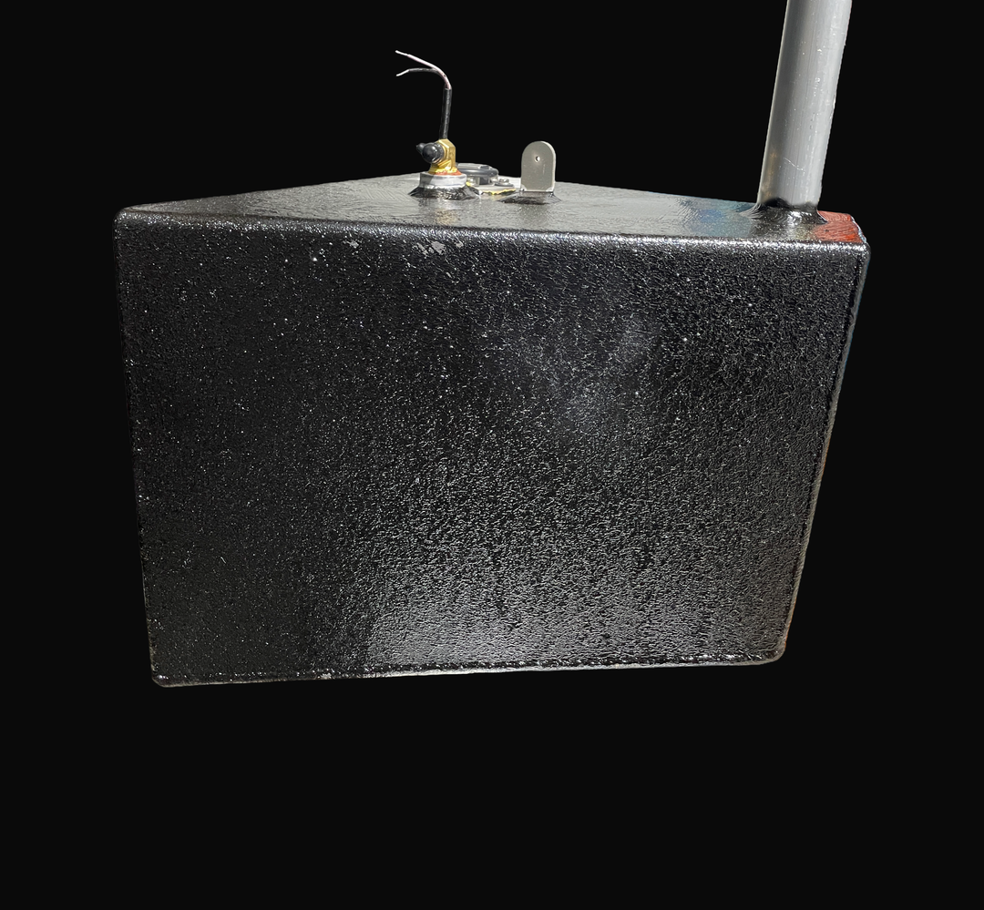 A studio straight-on side elevation view of a physical, finished black encapsulated Caribe DL-11 OEM replacement marine fuel tank (11 gal 2016) from file image_aecadb.jpg, isolated against a black background. Precision-fabricated from heavy-gauge marine-grade 5052-H32 aluminum, the deep rectangular body profile is fully encapsulated in a protective, textured black TarGard epoxy coating to resist severe saltwater pitting and bilge moisture. Visible top deck hardware includes an upright vertical fill neck ext