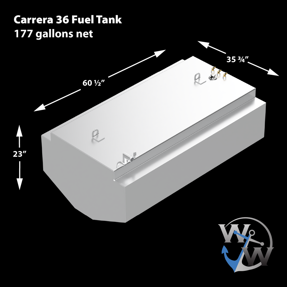 A diagram of a Carrera 36 Fuel Tank, 177 gallons net, with a stepped design and a rounded front edge. Dimensions are 60 1/2 inches long, 35 3/4 inches wide, and 23 inches high. Various fittings and hooks are on the top surface. The logo "W & W" with an anchor is in the bottom right corner