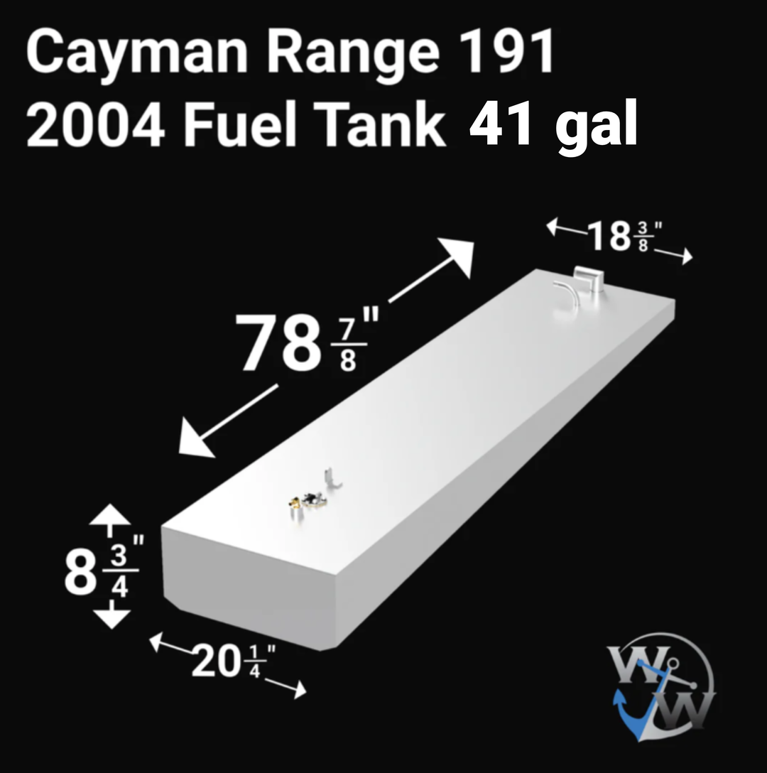  Intended for a 41-gallon fuel tank designed for a 2004 Cayman Range 191 boat. Marine fuel tanks of this capacity and for this type of vessel are typically constructed from durable, marine-grade materials such as aluminum or cross-linked polyethylene. They are custom-shaped to fit optimally within the boat's hull structure and are equipped with standard fittings for fuel fill, vent, engine supply, and fuel level monitoring