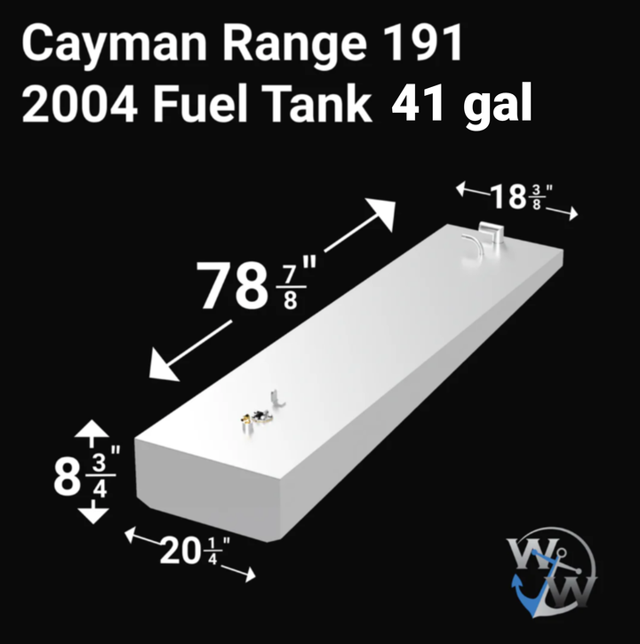  Intended for a 41-gallon fuel tank designed for a 2004 Cayman Range 191 boat. Marine fuel tanks of this capacity and for this type of vessel are typically constructed from durable, marine-grade materials such as aluminum or cross-linked polyethylene. They are custom-shaped to fit optimally within the boat's hull structure and are equipped with standard fittings for fuel fill, vent, engine supply, and fuel level monitoring