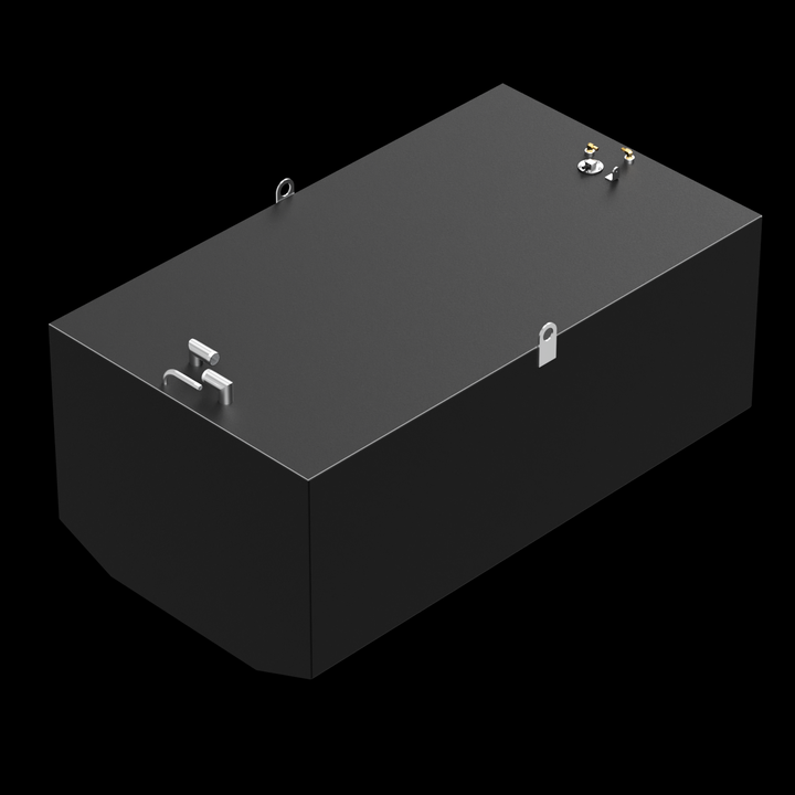 A dark grey, rectangular fuel tank is shown against a black background. Various metallic fittings, including silver pipes, brass-colored valves, and two U-shaped handles, are visible on its top surface. The tank has a subtle chamfer on its bottom front corner