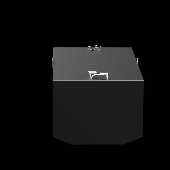 A dark grey, rectangular fuel tank is shown from a head-on perspective against a black background. Its top surface features various metallic fittings, including brass-colored valves, a circular plate, and two silver-colored L-shaped pipes. Two U-shaped handles protrude from the side edges of the tank. The bottom corners of the tank are subtly chamfered
