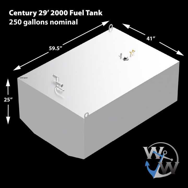 A 3D rendering of a light-grey fuel tank for a Century 29' 2000 model, with a nominal capacity of 250 gallons. The tank is rectangular with beveled lower corners and features dimensions of 59.5 inches in length, 41 inches in width, and 25 inches in height. Various metallic fittings, including a silver L-shaped pipe, a circular component, brass-colored valves, and two silver U-shaped loops, are visible on its top surface