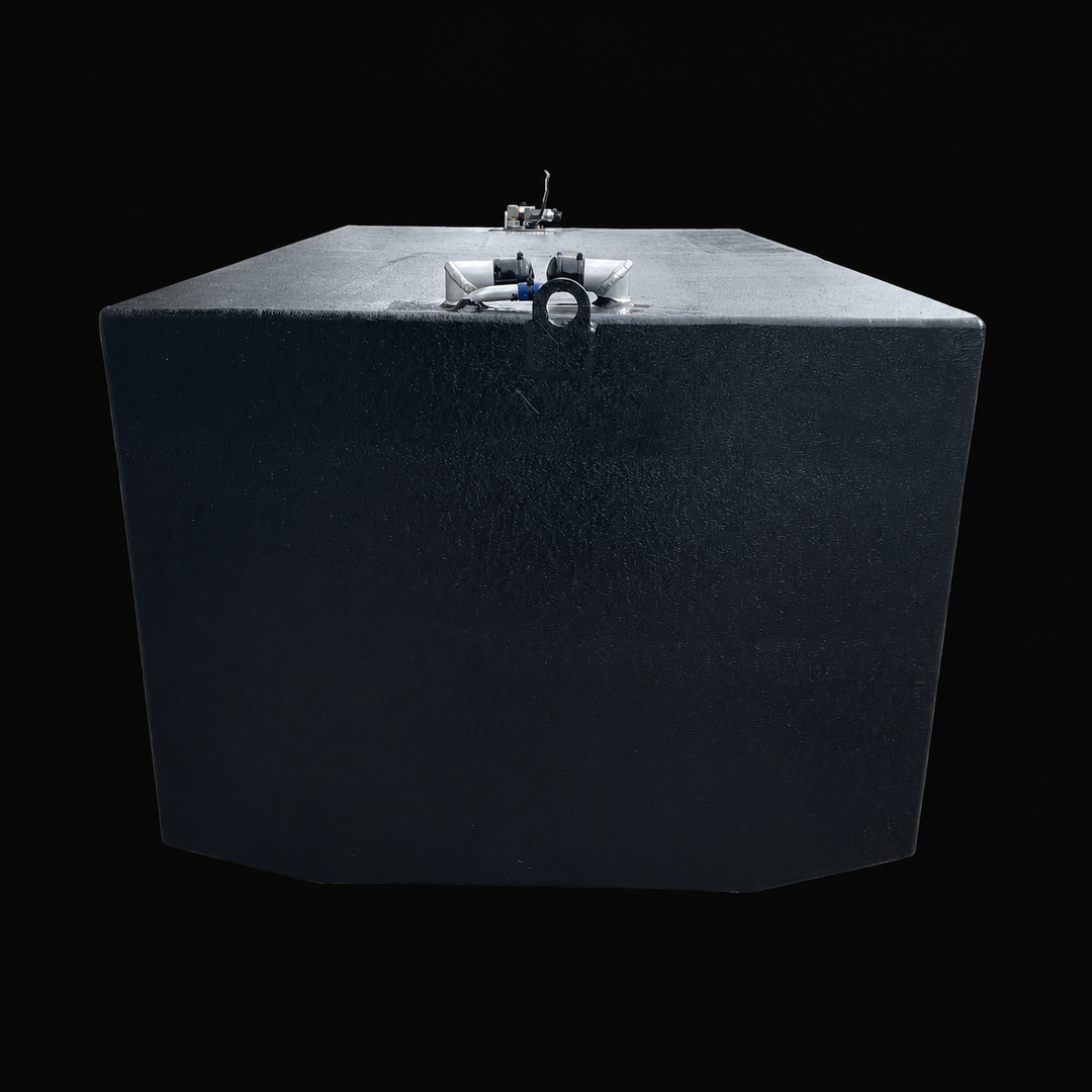 A rear straight-elevation perspective view of a black Century 3200 WA/CC replacement marine fuel tank isolated against a black background. This low-angle perspective highlights the massive cross-sectional volume of the 300-gallon high-capacity center-hull fuel cell, displaying a slight V-shaped hull-conforming contour along its bottom base engineered by Welding World to align within the boat's central bilge spaces. Precision-fabricated from heavy-gauge marine-grade 5052-H32 aluminum, the structural box body