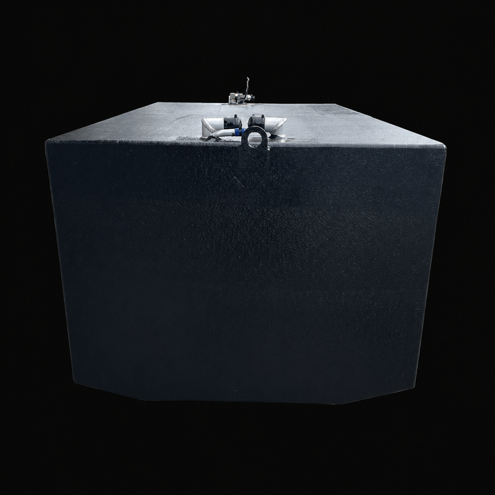 A rear straight-elevation perspective view of a black Century 3200 WA/CC replacement marine fuel tank isolated against a black background. This low-angle perspective highlights the massive cross-sectional volume of the 300-gallon high-capacity center-hull fuel cell, displaying a slight V-shaped hull-conforming contour along its bottom base engineered by Welding World to align within the boat's central bilge spaces. Precision-fabricated from heavy-gauge marine-grade 5052-H32 aluminum, the structural box body