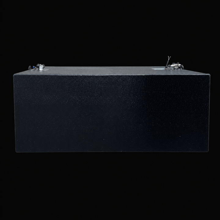 A side-elevation perspective view of a black Century 3200 WA/CC replacement marine fuel tank isolated against a black background. This side-on profile illustrates the long, rectangular box-shaped design of the 300-gallon high-capacity center-hull fuel cell, precision-fabricated from heavy-gauge marine-grade 5052-H32 aluminum. The structure is completely treated with an anti-corrosive, textured black TarGard epoxy coating to safeguard against pitting and galvanic wear in severe bilge environments. The top de