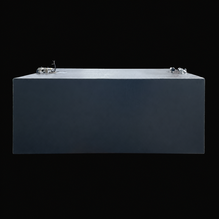A side-elevation perspective view of a black Century 3200 WA/CC replacement marine fuel tank isolated against a black background. This massive 300-gallon high-capacity center-hull fuel cell features a low-profile rectangular box-shaped structure engineered by Welding World to sit securely within the boat's central bilge cavity. Precision-fabricated from heavy-gauge marine-grade 5052-H32 aluminum, the structure is treated with a textured, anti-corrosive black TarGard epoxy finish to protect against saltwater