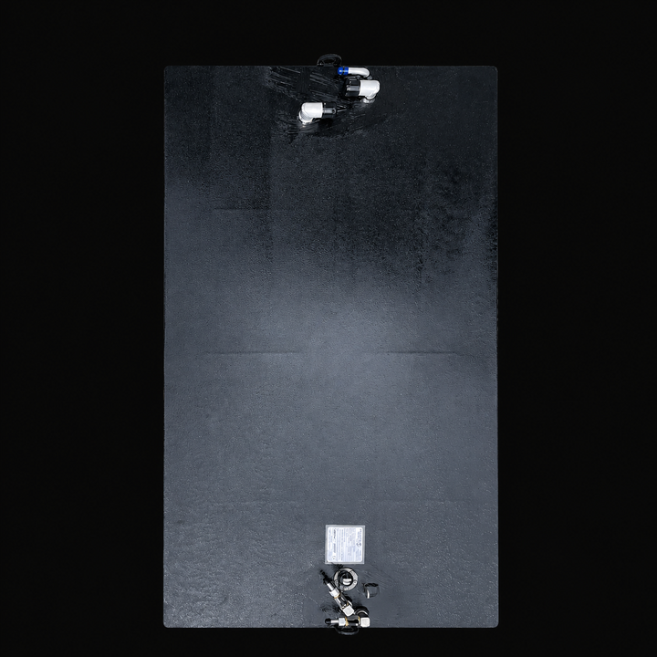 A straight top-down aerial view detailing the flat deck plumbing configuration of a black Century 3200 WA/CC replacement marine fuel tank isolated on a black background. This bird's-eye perspective displays the large rectangular surface area of the 300-gallon high-capacity center-hull fuel cell, precision-fabricated by Welding World from heavy-gauge marine-grade 5052-H32 aluminum. The structure is completely finished in an anti-corrosive, textured black TarGard epoxy coating. The decentralized mechanical ha