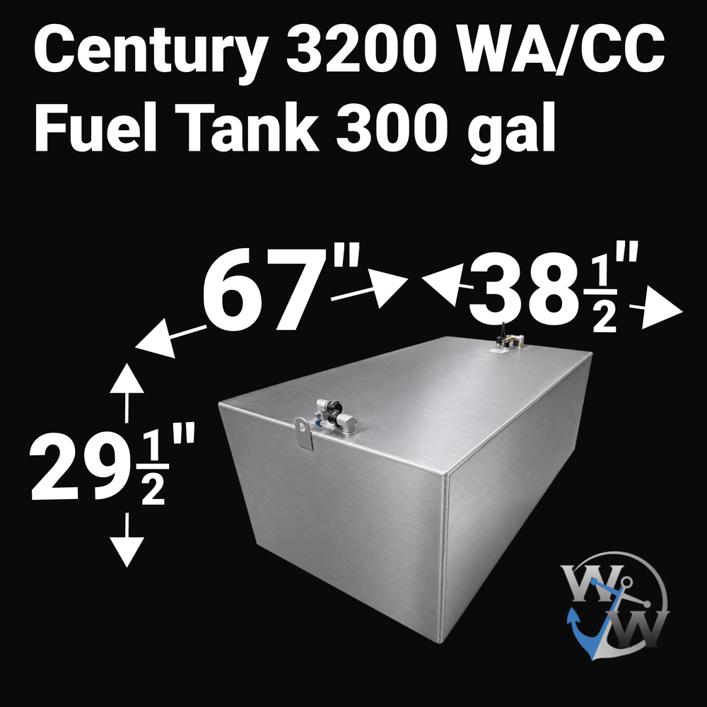 Dimensional technical diagram for a raw aluminum Century 3200 WA/CC 300 gal Fuel Tank replacement. The graphic displays precise technical specifications with measurements of 67" length, 38 1/2" width, and 29 1/2" height, showcasing a massive, rectangular box-shaped profile engineered by Welding World to fit securely within the boat's central bilge cavity. The top deck displays an unsealed variant layout featuring a front-mounted lifting eye and a specialized decentralized mechanical hardware configuration, 